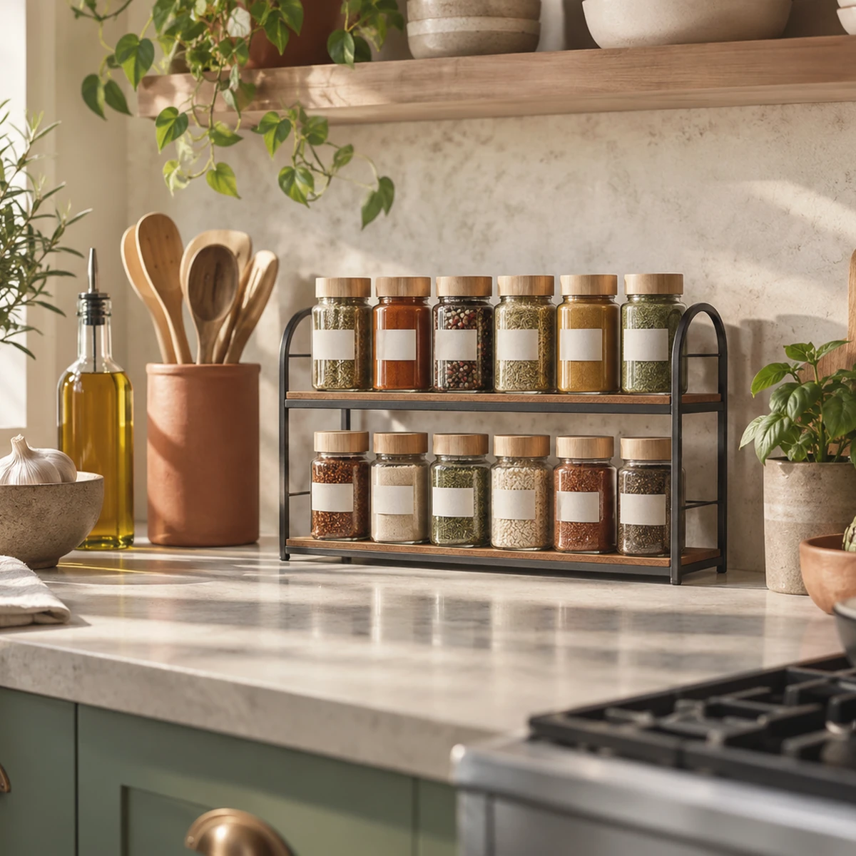 Gestuftes Gewürzregal mit beschrifteten Gläsern